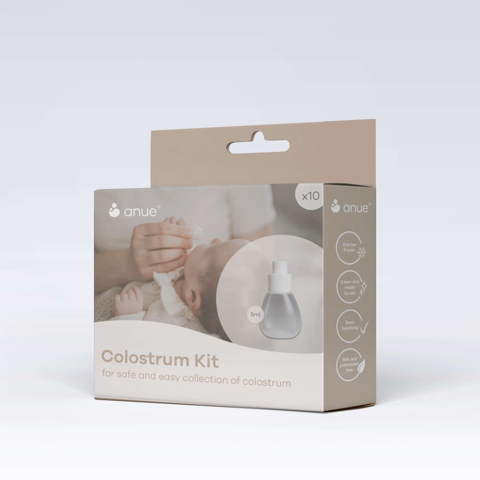 Packaging of a colostrum kit with a photo of a mother feeding a baby, and an illustration of a 5ml spray bottle, mentioning features like can be frozen, easy to handle, and BPA-free.