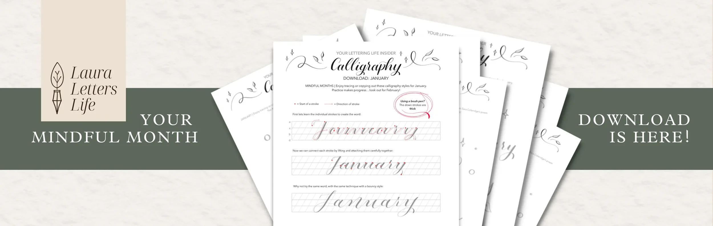 A banner featuring a preview of calligraphy practice pages next to the text 'Your Mindful Month' and 'Download is Here!' on a green and beige background.