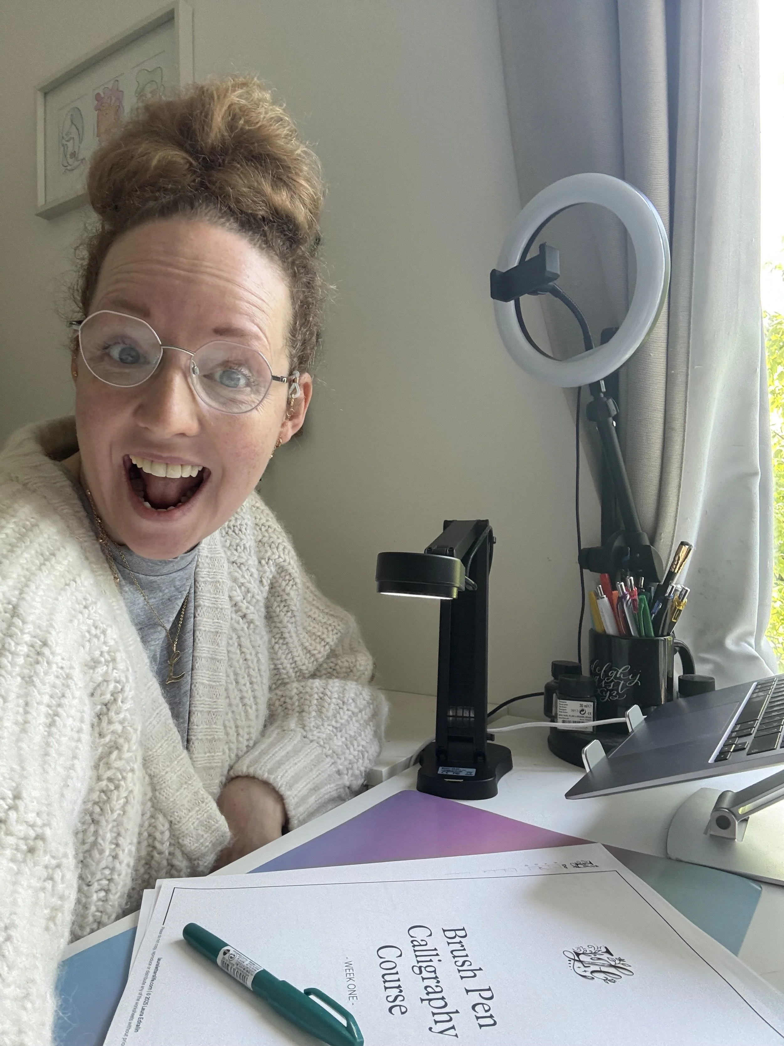 Calligraphy teacher, Laura - ready for week 1