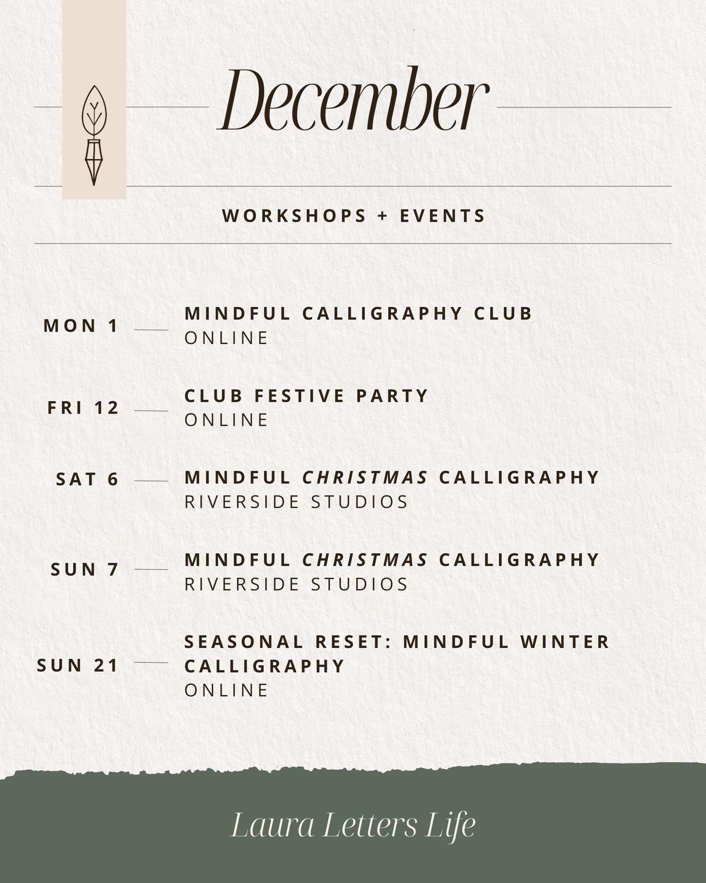 Here we go! A new month of events, and a whole new look 👀

✍️✨ Christmas calligraphy this weekend and then a final online Seasonal Reset with Winter Calligraphy to end the year.

Swipe to see what&rsquo;s in store for January!

_
#christmascalligrap