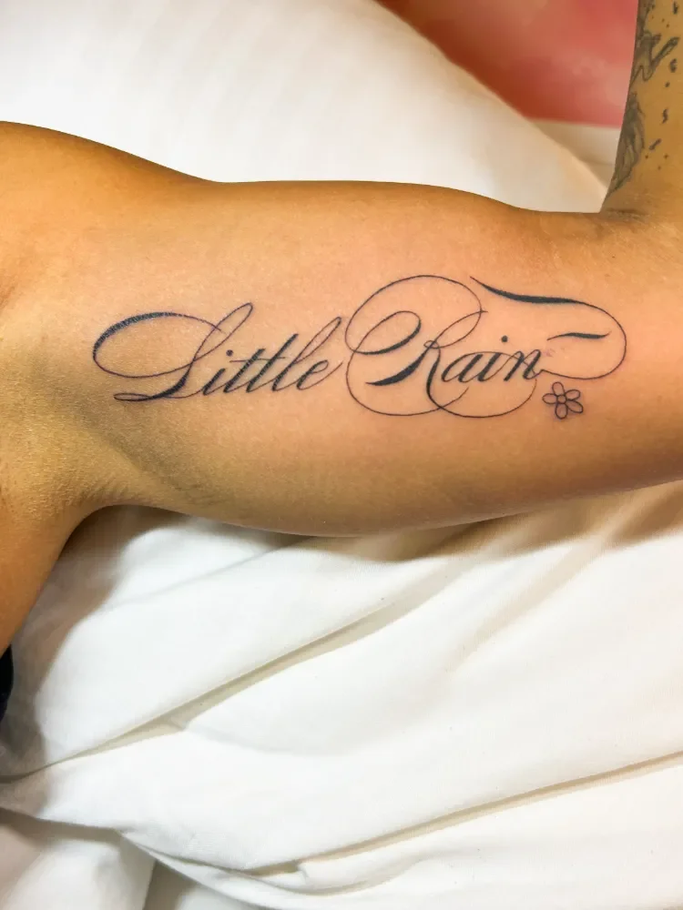 Script tattoo of 'Little Rain'
