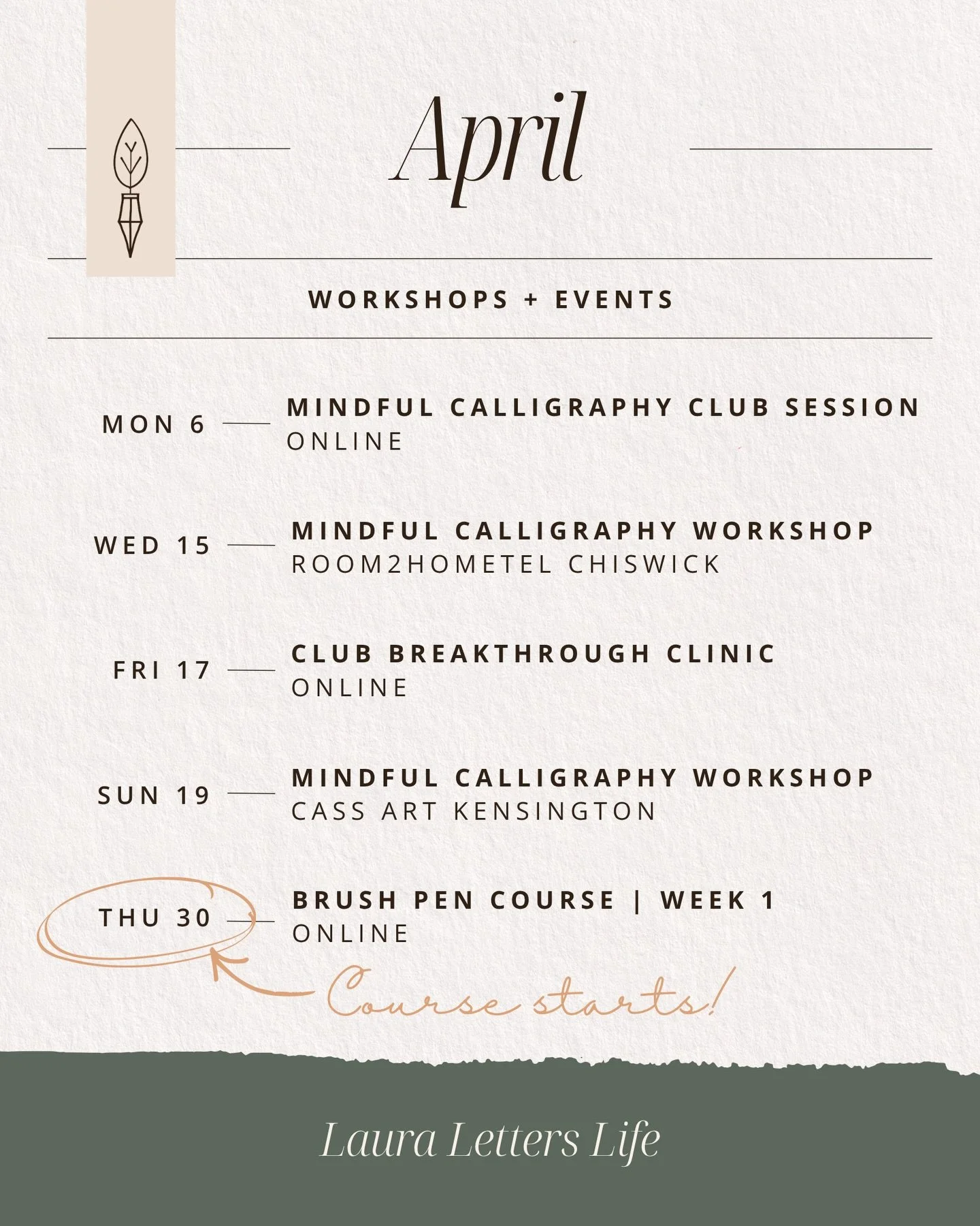 What&rsquo;s happening this April and May? Lots! 🌿☀️ Book a calligraphy workshop, enrol on the four-week brush pen course, or join the Mindful Calligraphy Club.

Whether you&rsquo;re looking for something in person or online, I&rsquo;ve got you cove