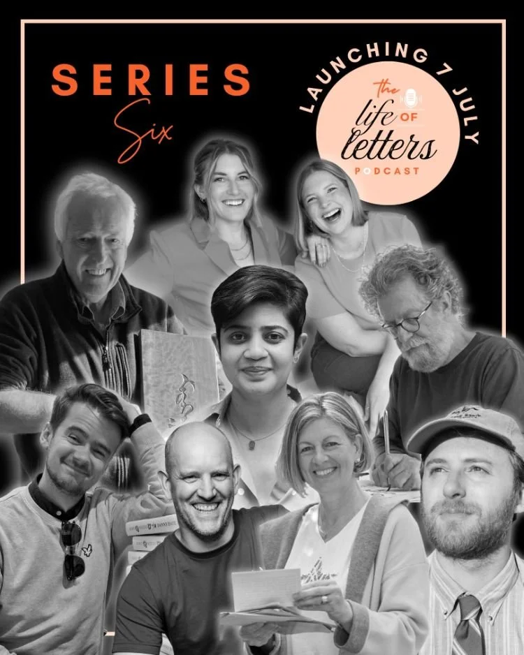 Black-and-white photo of a group of diverse people at a table, smiling and engaging with papers and books, with a dark background and orange accents announcing a podcast series titled 'The Life of Letters' launching on July 7.
