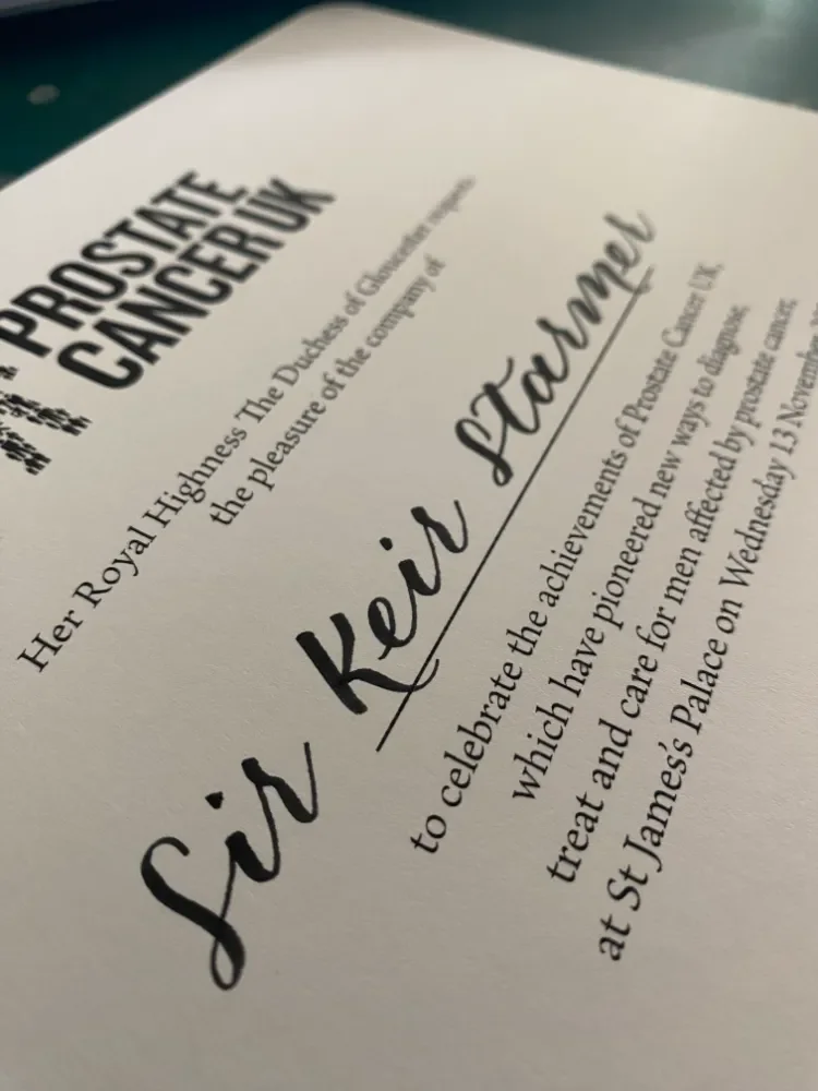 Sir Kier Starmer inscribed in calligraphy on a Prostate Cancer event invitation