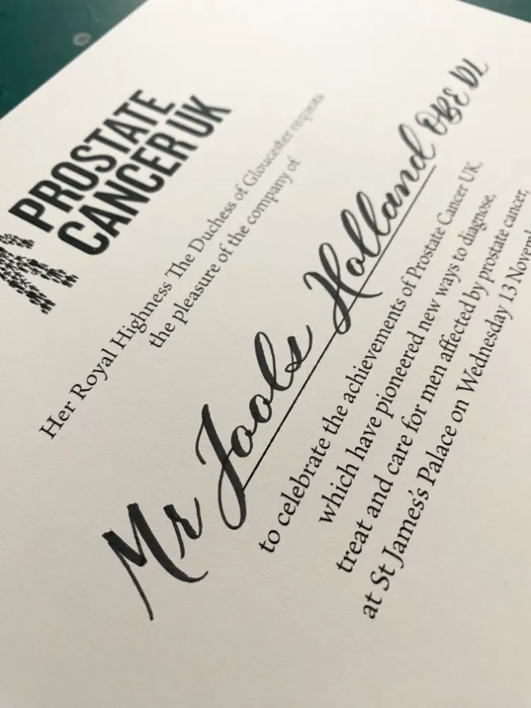 Mr Jools Holland OBE inscribed in calligraphy on a Prostate Cancer event invitation