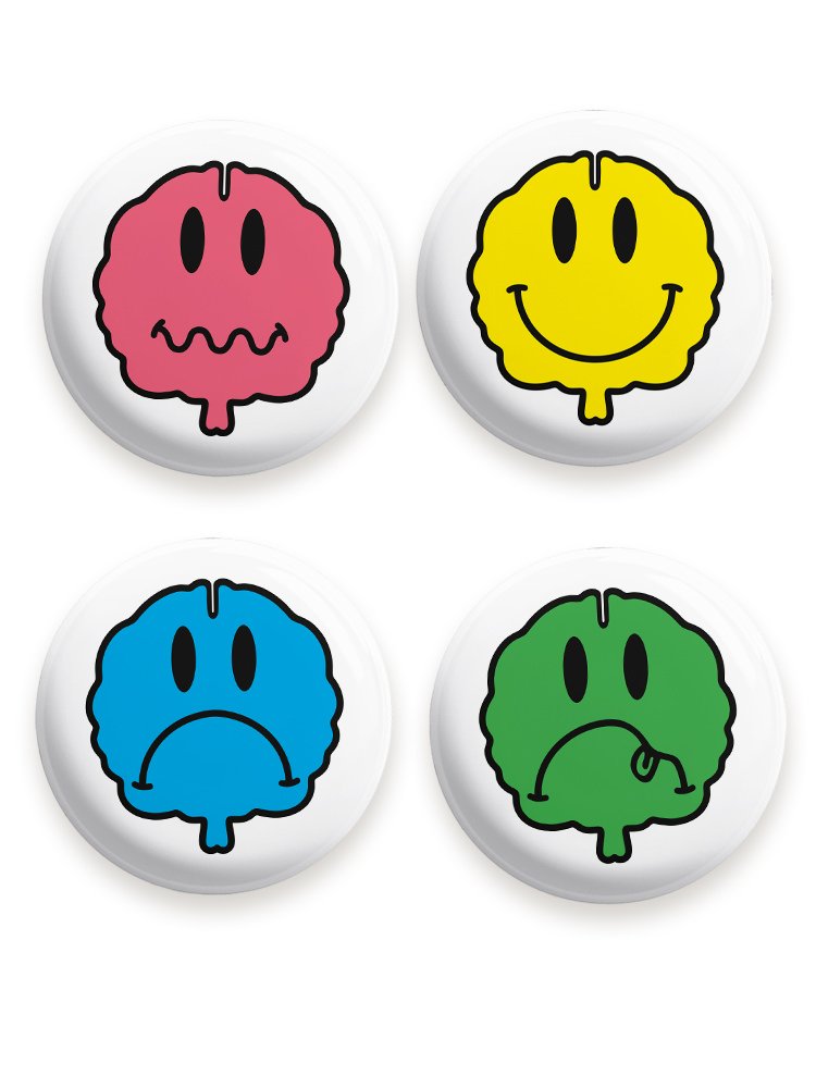 Brain moods badge set featuring 4 badge designs: happy brain, sad, brain, confused brain, sick brain
