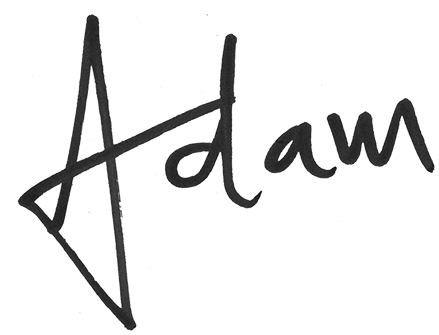 A stylized logo with the word 'Adam' written in black cursive script with a star-shaped symbol integrated into the letter 'A'.