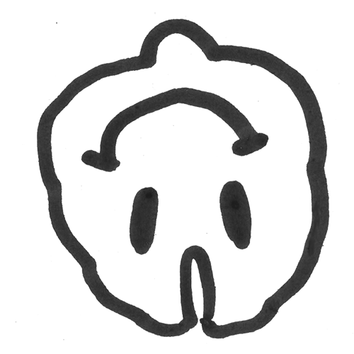 Cartoon drawing of a skull with a pumpkin-like outline.