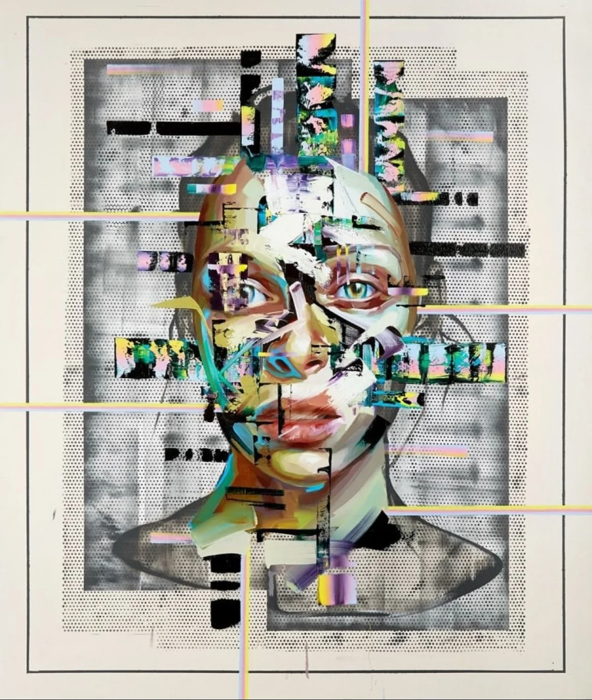 In Justin Bower&rsquo;s latest portrait, the face dissolves into a web of color, code, and fragments &ndash; somewhere between Renaissance Madonna, digital glitch, and science-fiction avatar. Skin is no longer protection but a surface on which data s