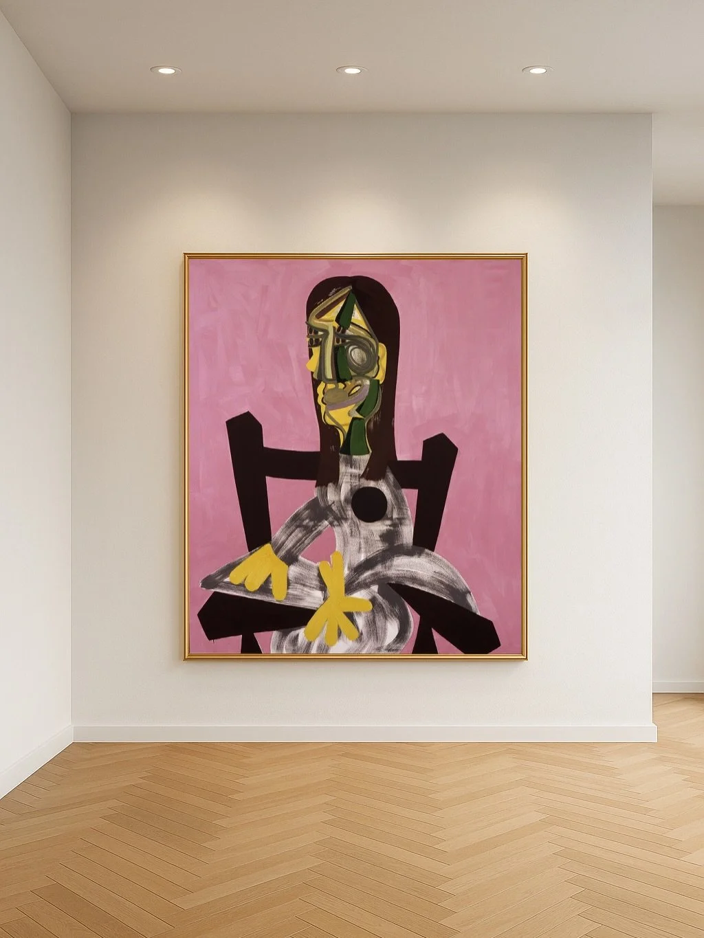 John Millei &ndash; &ldquo;Woman in a Chair&rdquo;
Oil on canvas

Energetic. Expressive. Monumental.
Seen first installed in the gallery space, this large-scale contemporary painting by John Millei shows how a single work can define an entire interio