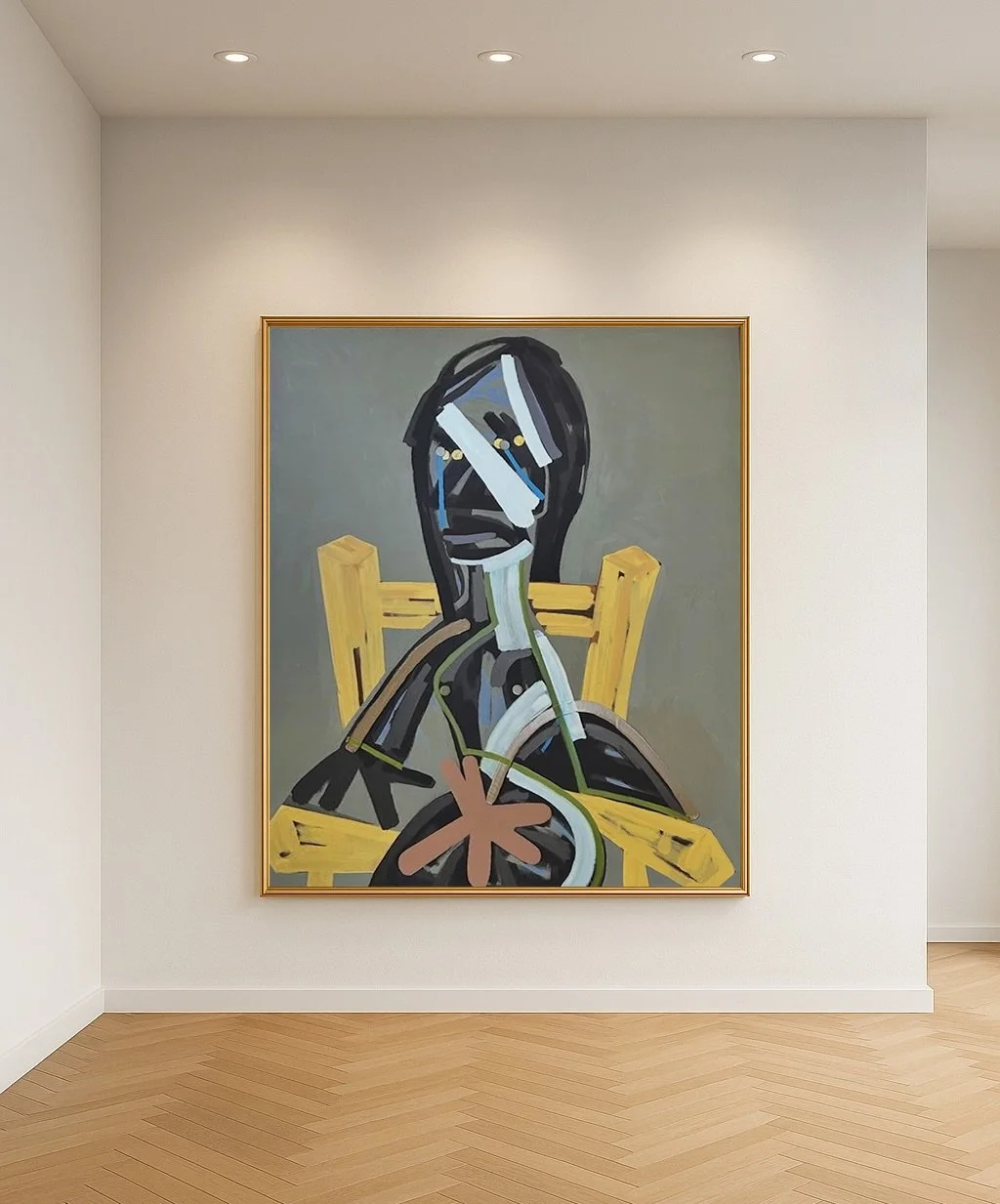 John Millei &mdash; &sbquo;Woman in a Chair&rsquo;
Oil on canvas

Bold. Architectural. Unmistakable.
This contemporary figurative painting by John Millei is built rather than described: planes of black and grey stack like beams, while the yellow chai