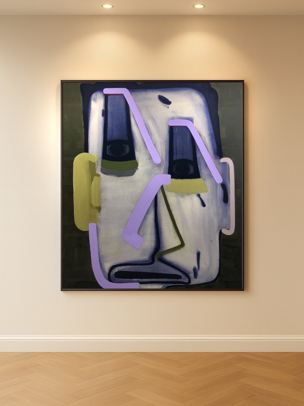 John Millei &mdash; &ldquo;Selfportrait&rdquo;
Oil on canvas

Direct. Structural. Psychologically charged.

With Selfportrait, John Millei reduces the human face to an architectural construct. Planes of muted grey and deep green form a compressed spa