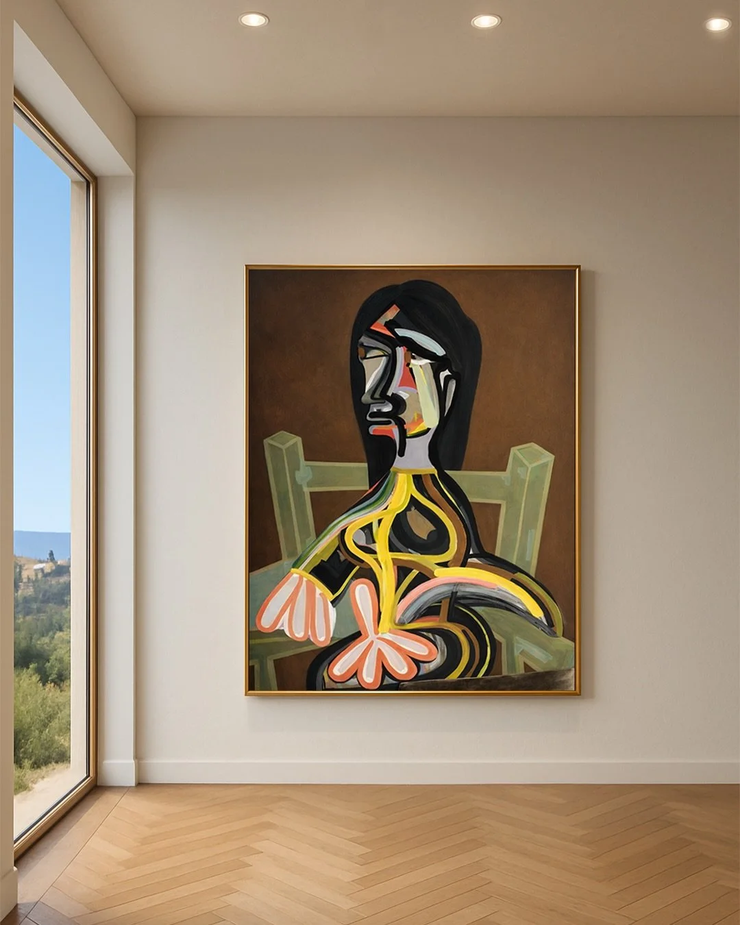 John Millei &mdash; &ldquo;Woman in a Chair&rdquo;
Oil on canvas

This contemporary painting is a powerful example of modern portraiture pushed into figurative abstraction: a seated figure built from sharp black geometry, layered brushwork and decisi