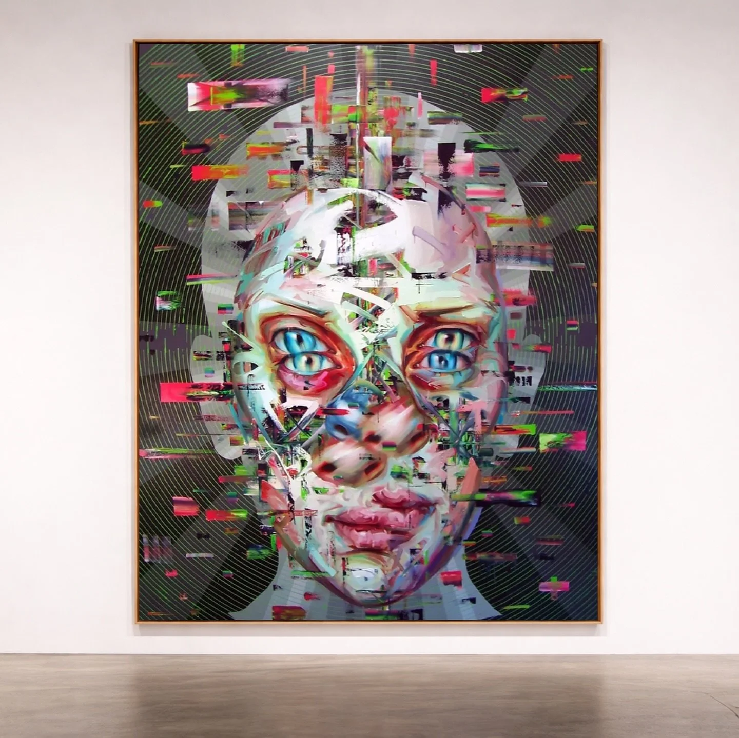 A monumental contemporary painting exploring digital identity, fragmented perception, and large-scale figurative painting.

Justin Bower&rsquo;s Echo (oil on canvas, 11 &times; 9 ft) expands his signature visual language into a museum-scale work that
