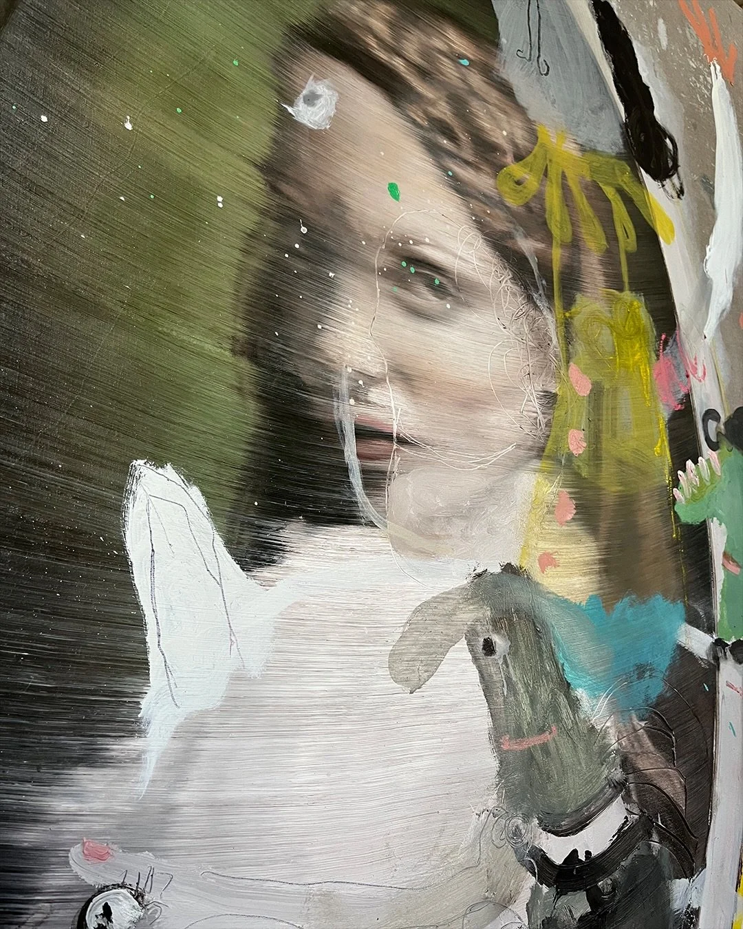 In this large-scale oil painting by German contemporary artist Mike MacKeldey, classical portraiture meets a raw, almost cinematic surface language. The work carries an echo of the Old Masters &mdash; not through imitation, but through its sense of d