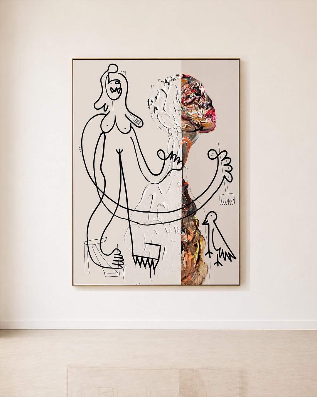 Vladinsky &mdash; &ldquo;Observer&rdquo;, Oil on canvas, 164 &times; 135 cm

Vivid. Sculptural. Reflective.
In &ldquo;Observer,&rdquo; Vladinsky constructs the human form through radically different visual registers. Graphic black contours travel acr