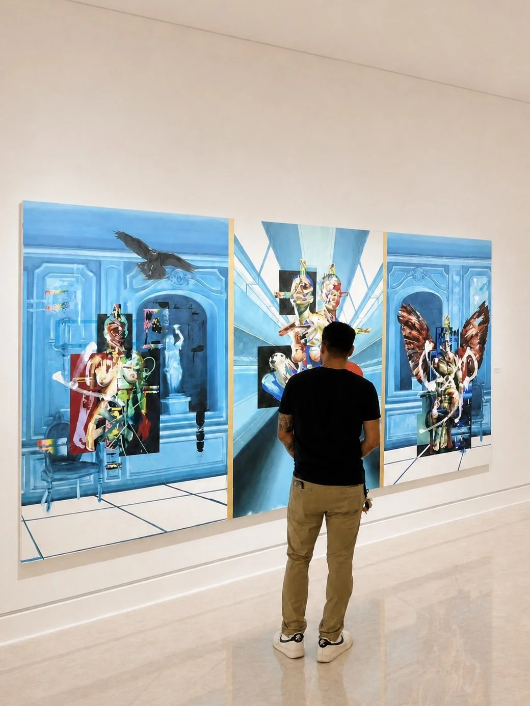 Justin Bower &mdash; &ldquo;Three Visitations&rdquo; oil on canvas, 200 &times; 365 cm.

Monumental. Fractured. Transfigured.
At 3.65 meters wide, &ldquo;Three Visitations&rdquo; unfolds as a three-part composition in which Los Angeles&ndash;based ar
