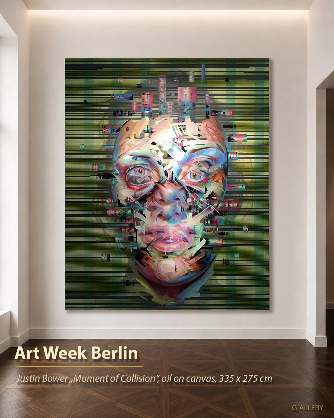Justin Bower &mdash; &ldquo;Moment of Collision&rdquo;, oil on canvas, 335 &times; 275 cm.
 A face at the edge of recognition. In this monumental portrait, the human image fractures into overlapping eyes, interrupted contours and ribbons of color. Ac