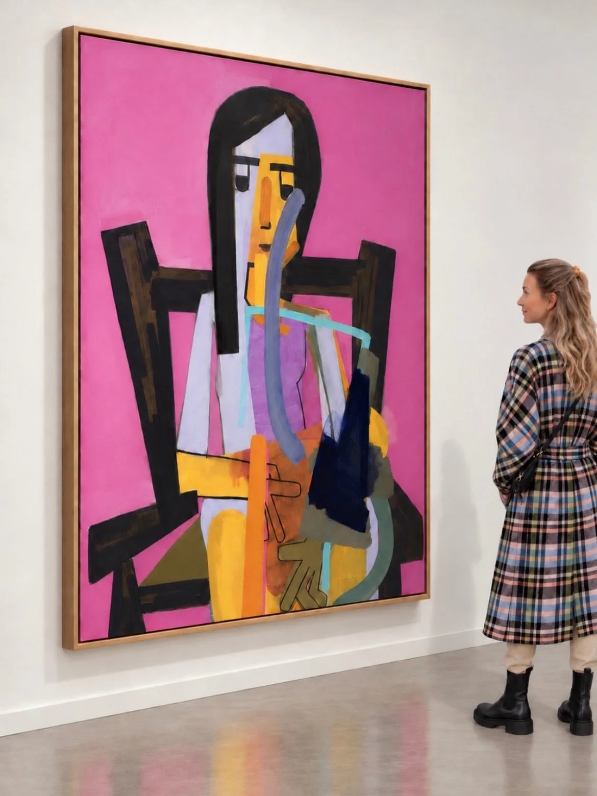 John Millei &mdash; &ldquo;Listening to Music&rdquo;, 2026.
Oil on canvas, 188 &times; 142 cm.

A seated figure, a vivid pink field, a composition animated by rhythm.

In this new oil painting, the dark framework of a chair anchors a figure assembled
