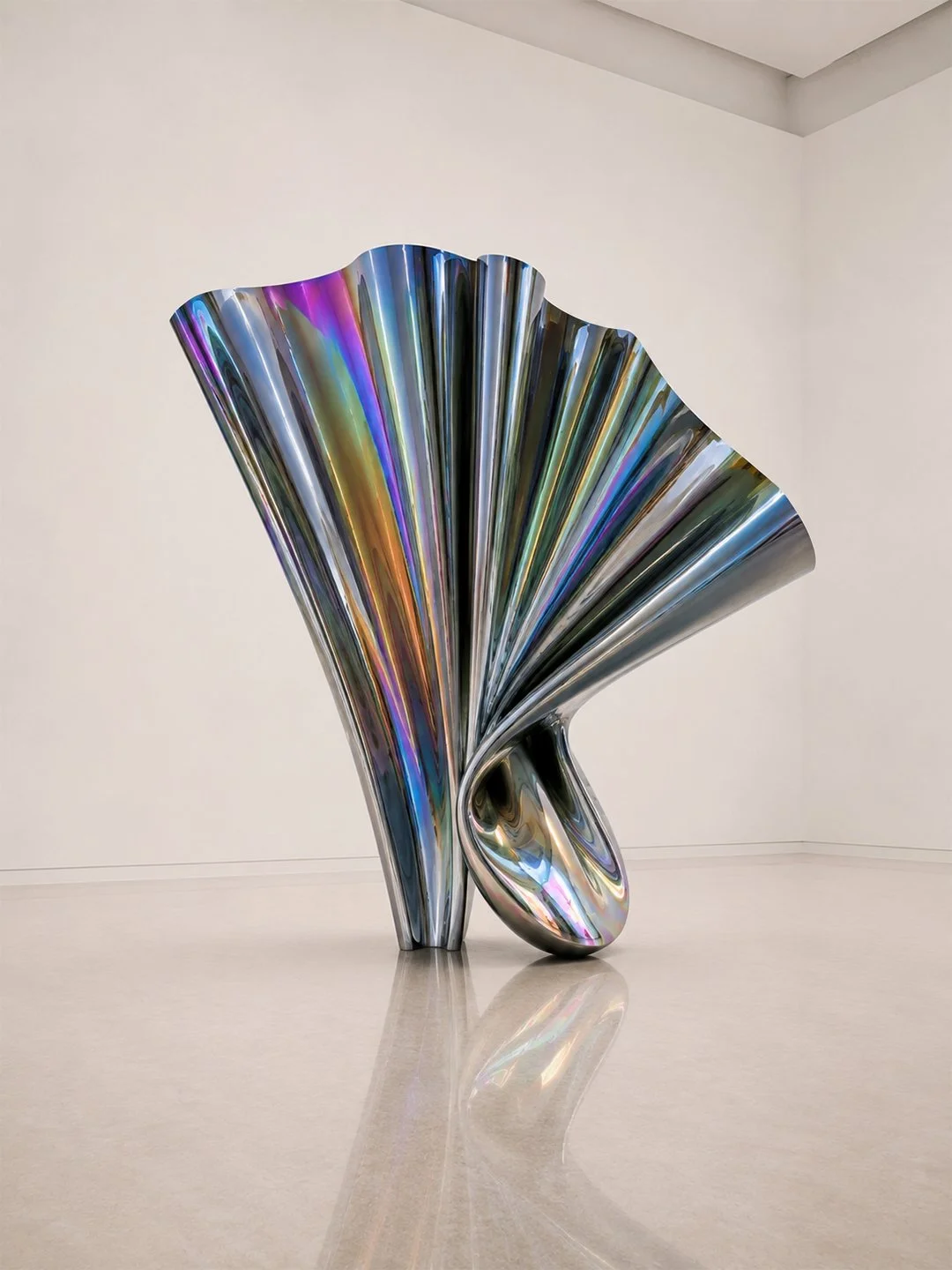 In Gravity of Silence, these concerns are expanded into a distinctly sculptural language: mirror-finished stainless steel becomes both physical mass and optical event, giving form to a silence that is not empty, but charged with movement, tension and