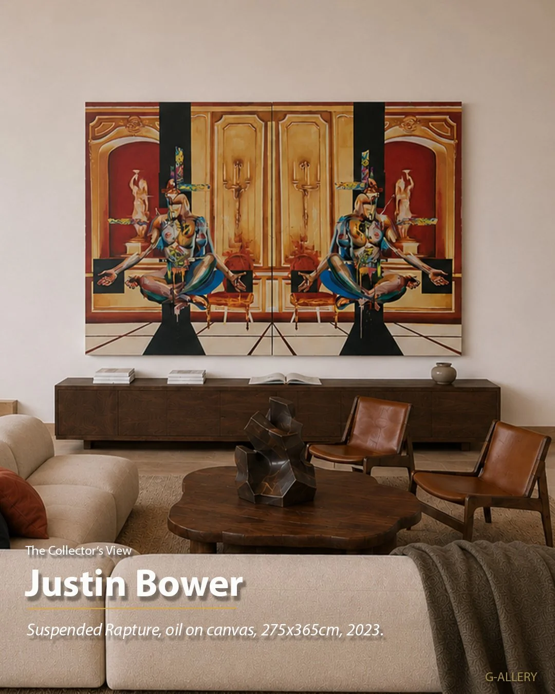 Justin Bowers monumental oil painting "Suspended Rapture" installed in a private contemporary art collection.