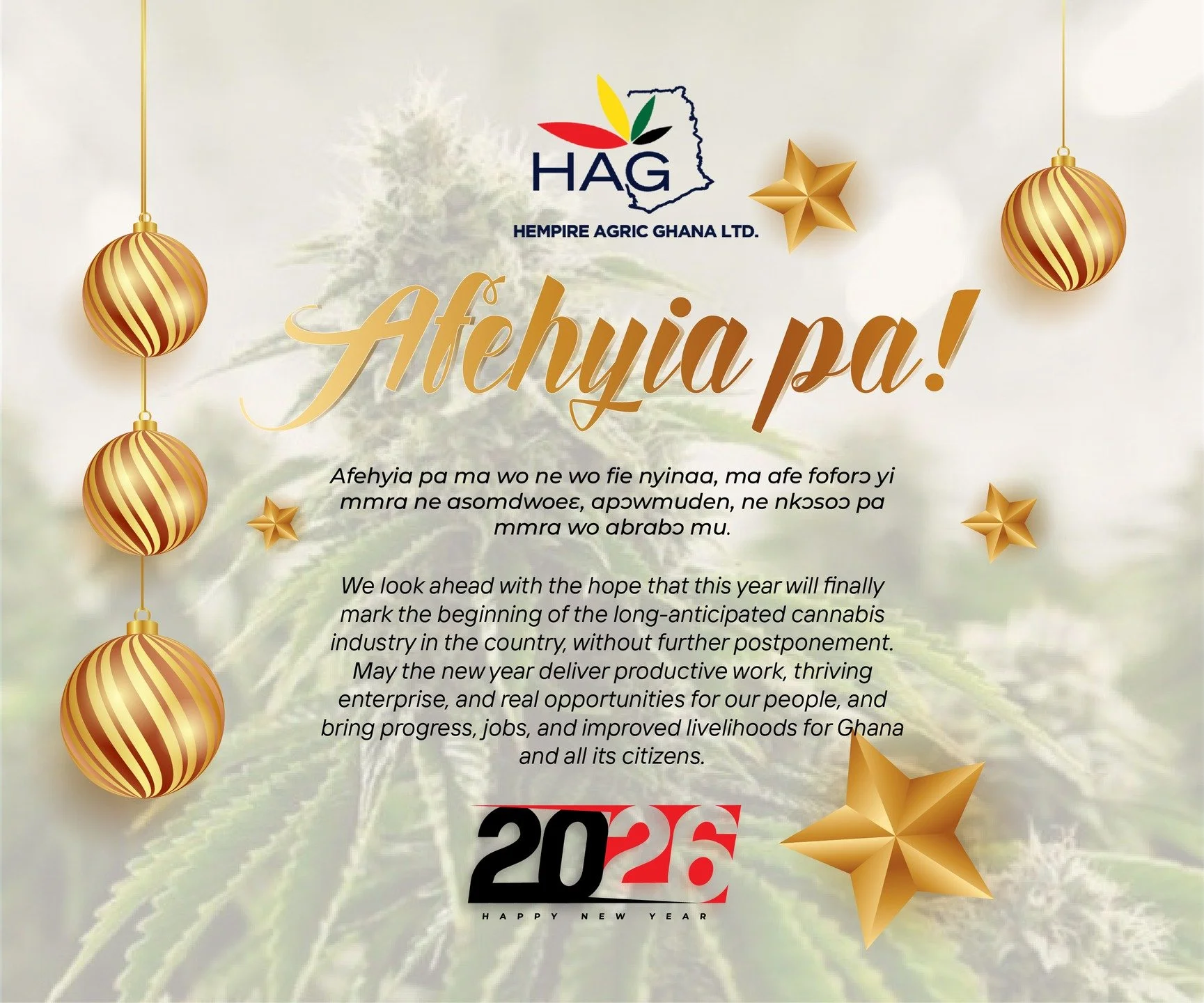 Afenhyia pa ma wo ne wo fie nyinaa, ma afe foforɔ yi mmra ne asomdwoeɛ, apɔwmuden, ne nkɔsoɔ pa mmra wo abrabɔ mu.

We look ahead with the hope that this year will finally mark the beginning of the long-anticipated cannabis industry in the country, w
