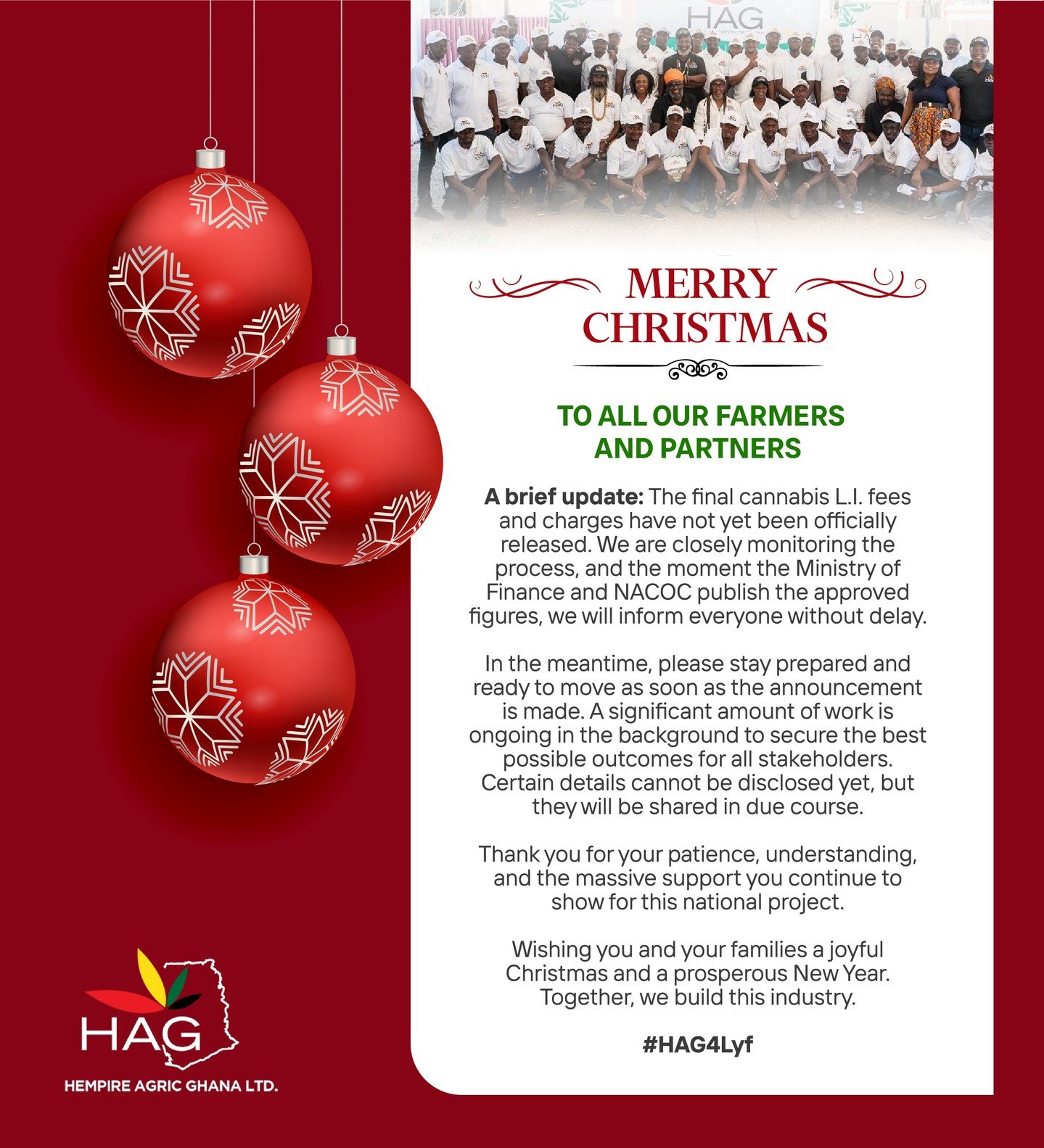 Merry Christmas to all our farmers and partners.

A brief update: The final cannabis L.I. fees and charges have not yet been officially released. We are closely monitoring the process, and the moment the Ministry of Finance and NACOC publish the appr