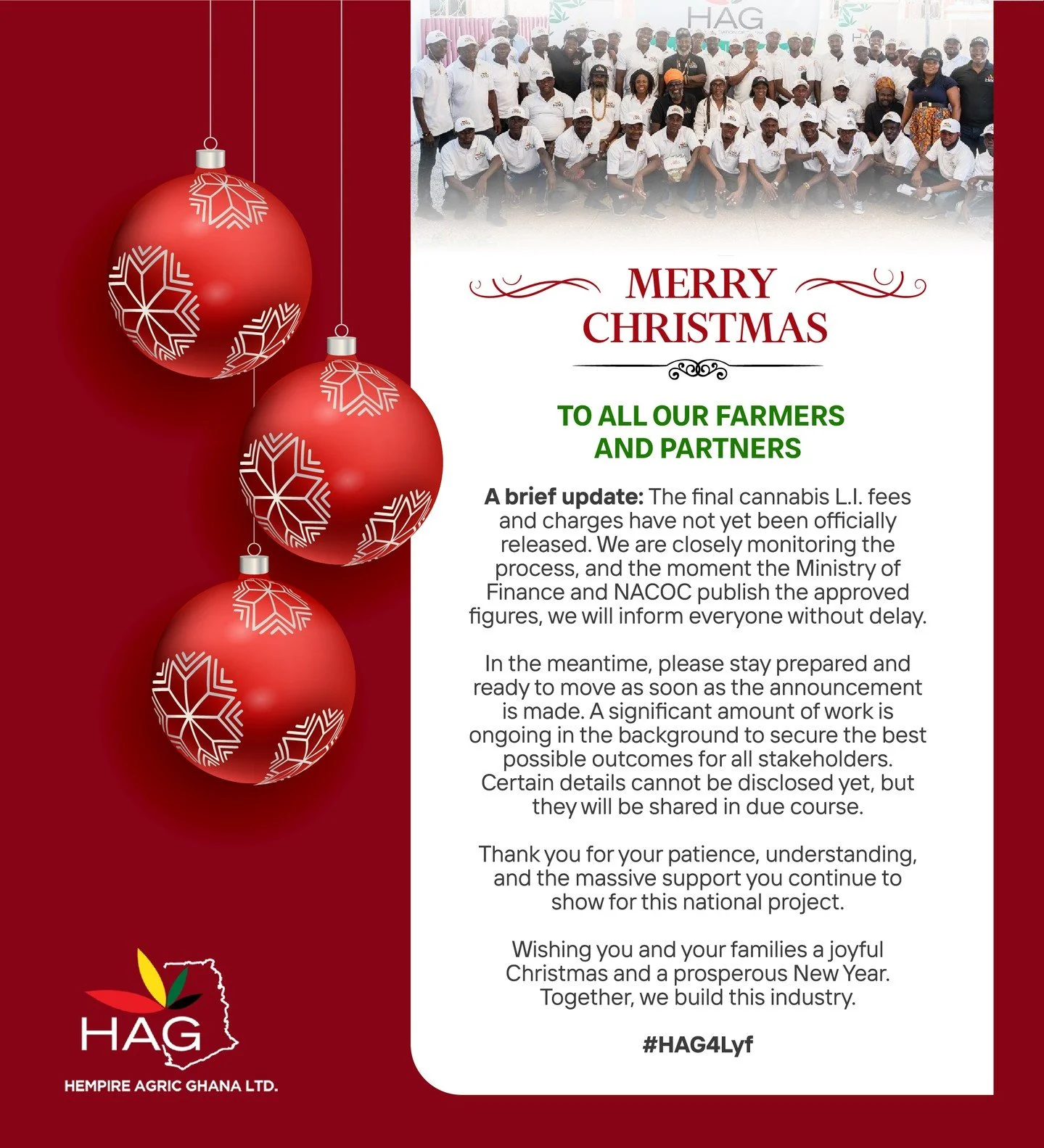 Merry Christmas to all our farmers and partners.

A brief update: The final cannabis L.I. fees and charges have not yet been officially released. We are closely monitoring the process, and the moment the Ministry of Finance and NACOC publish the appr