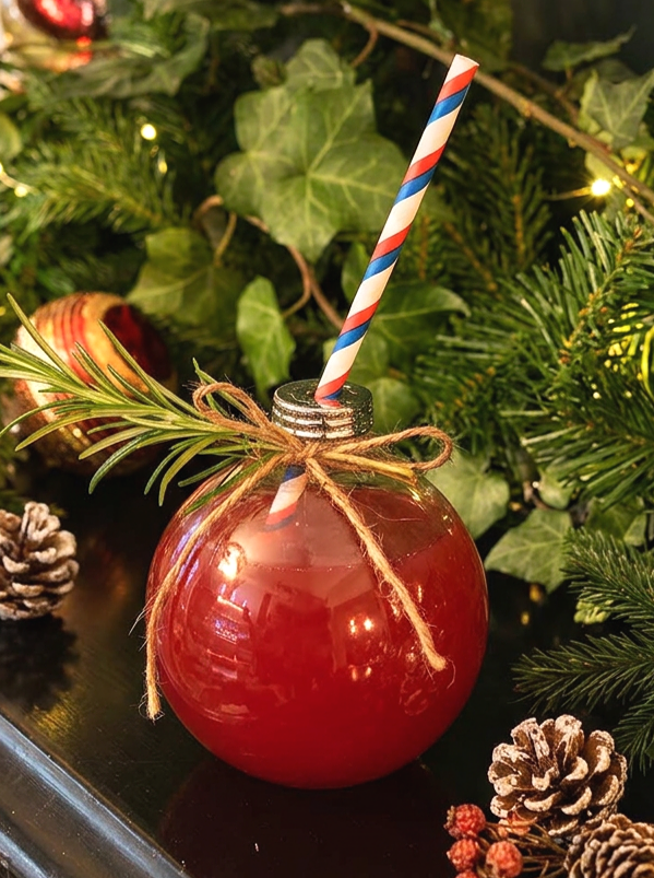 Christmas bauble cocktail glass serving a deep red cocktail with twine garnish and sprice, ivy, pine cones and holly decoration