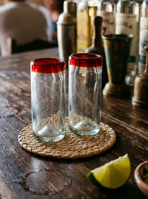 Hand blown red rimmed shot glass from mexico, empty on a bar top in a mexican cantina