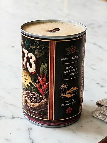 spresso martini served in vintage Costa Rican coffee tin can cocktail cup on a bar top