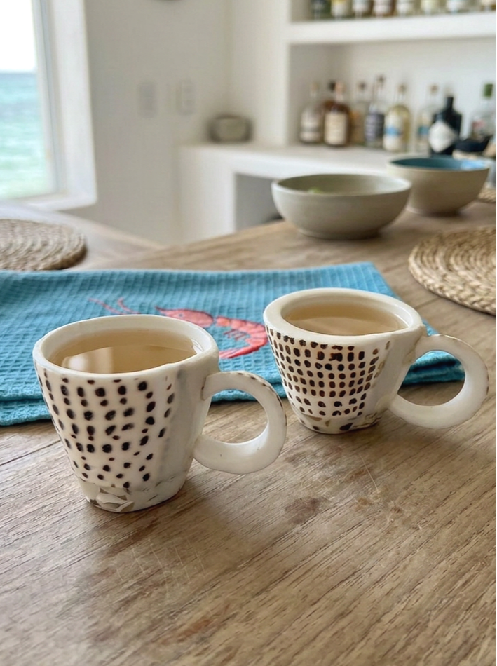 Two seashell shot cups with different shapes and colours side by side