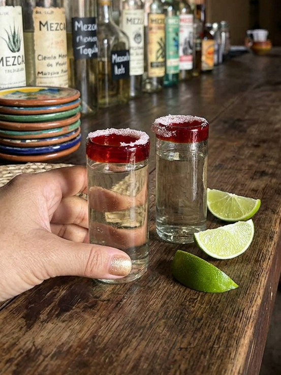 Hand blown red rimmed shot glass from mexico being held in a hand in a mexican cantina