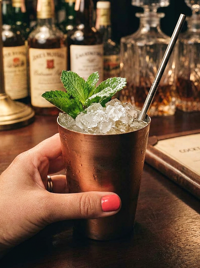 Modern copper julep cup serving a mint julep being held in a hand