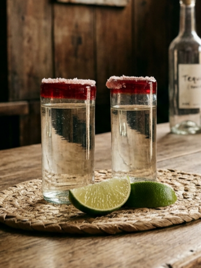 Hand blown red rimmed shot glass from mexico on a bar top in a mexican cantina