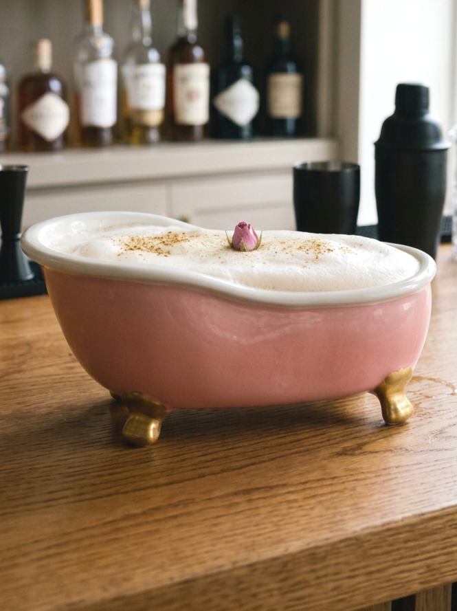 Baby pink bath tub cocktail sharing vessel with gold feet and rose garnish on a bar top