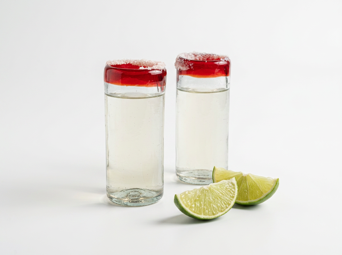 Hand blown red rimmed shot glass from mexico on clean white back ground