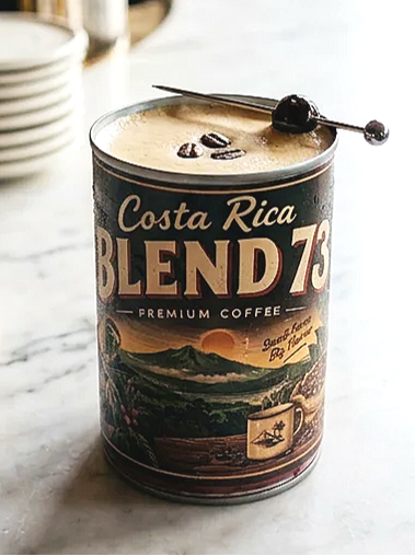 Costa Rican Coffee Tin Can Cocktail Cup with vintage retro coffee label graphic wrap