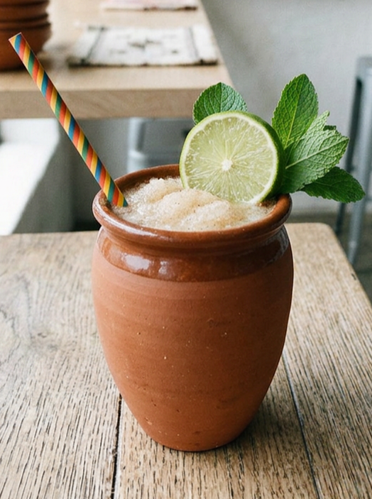 Terracotta cantarito cups on a party table with limes and salt, set up for a Mexican-themed celebration