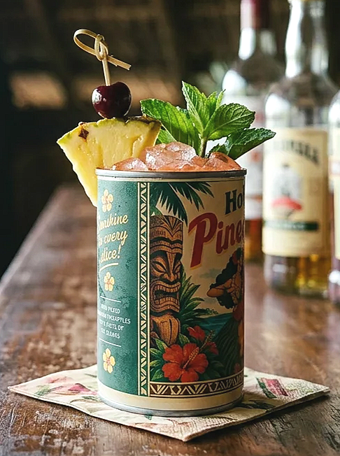 Side view of retro Hawaiian pineapple slices label design on tin can cocktail cup