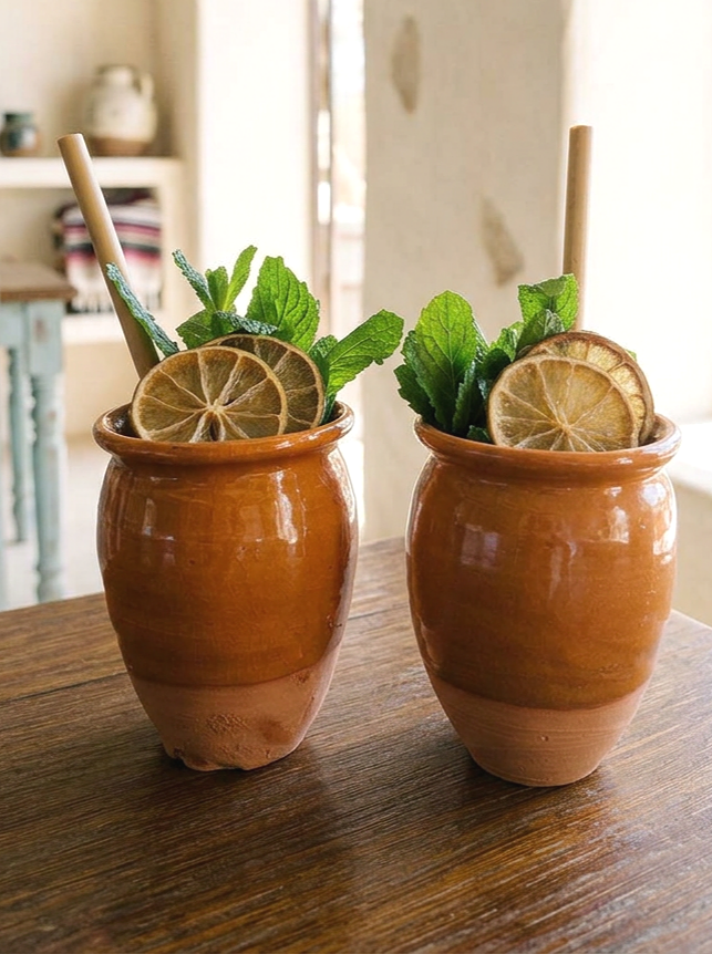 Mexican clay cocktail cups on a bar counter, perfect for serving drinks at restaurants, parties and home bars