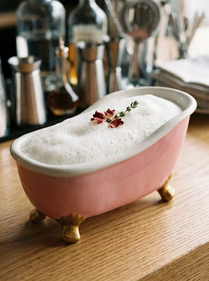 Baby pink bath tub cocktail sharing vessel with gold feet and rose garnish