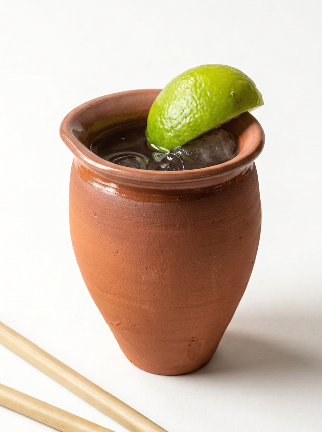 Traditional Mexican clay cantarito cocktail cup with rustic earthy finish on a white background