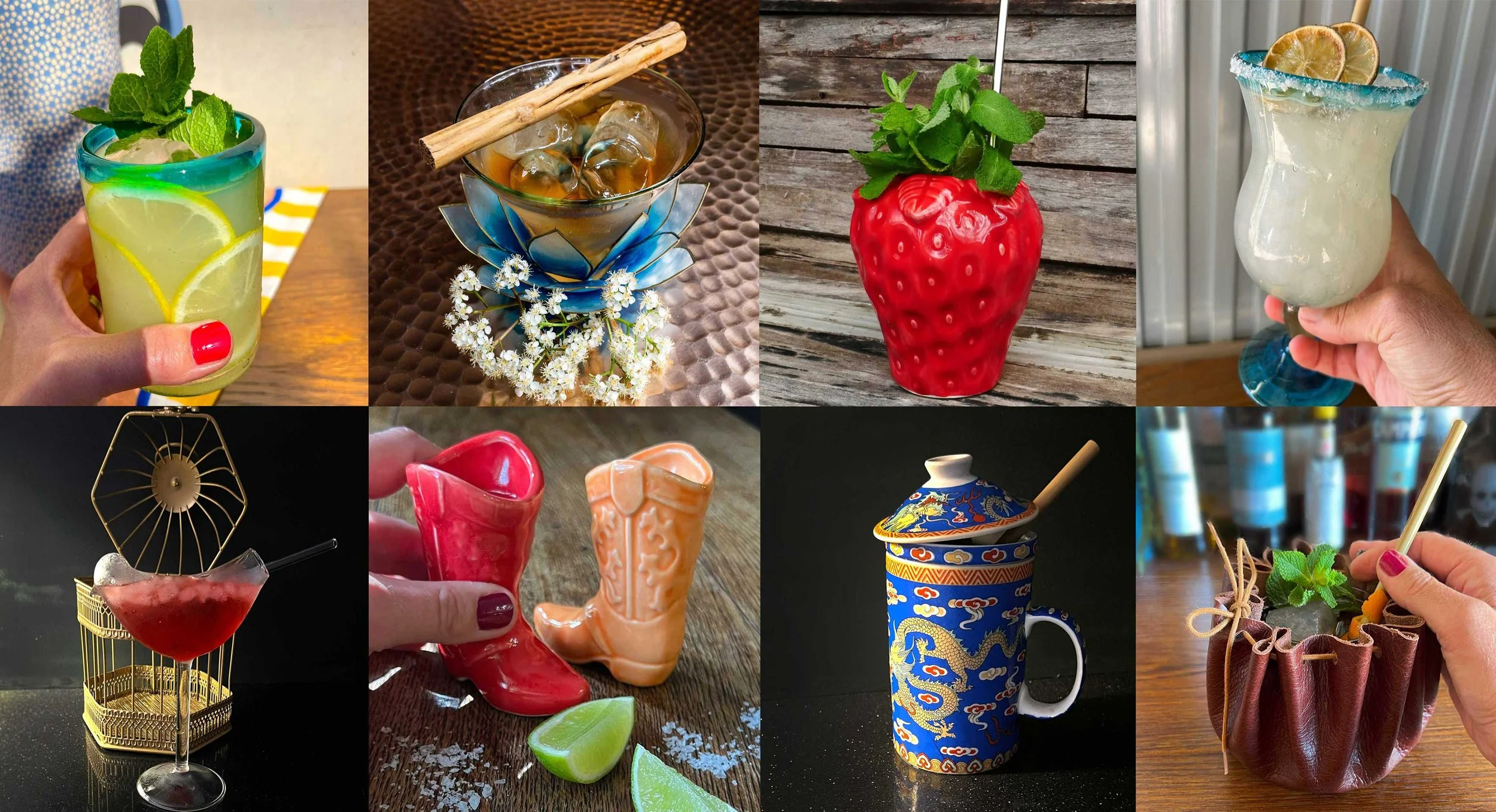 A collection of barware, drinks servs, glasses and tiki mugs we sell on our online shop, from hand made mexican rocks glasses to mini cowboy boot shot serves