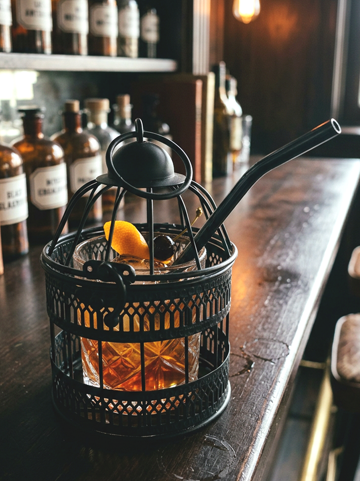 Black mini bird cage with cut glass cocktail glass inside