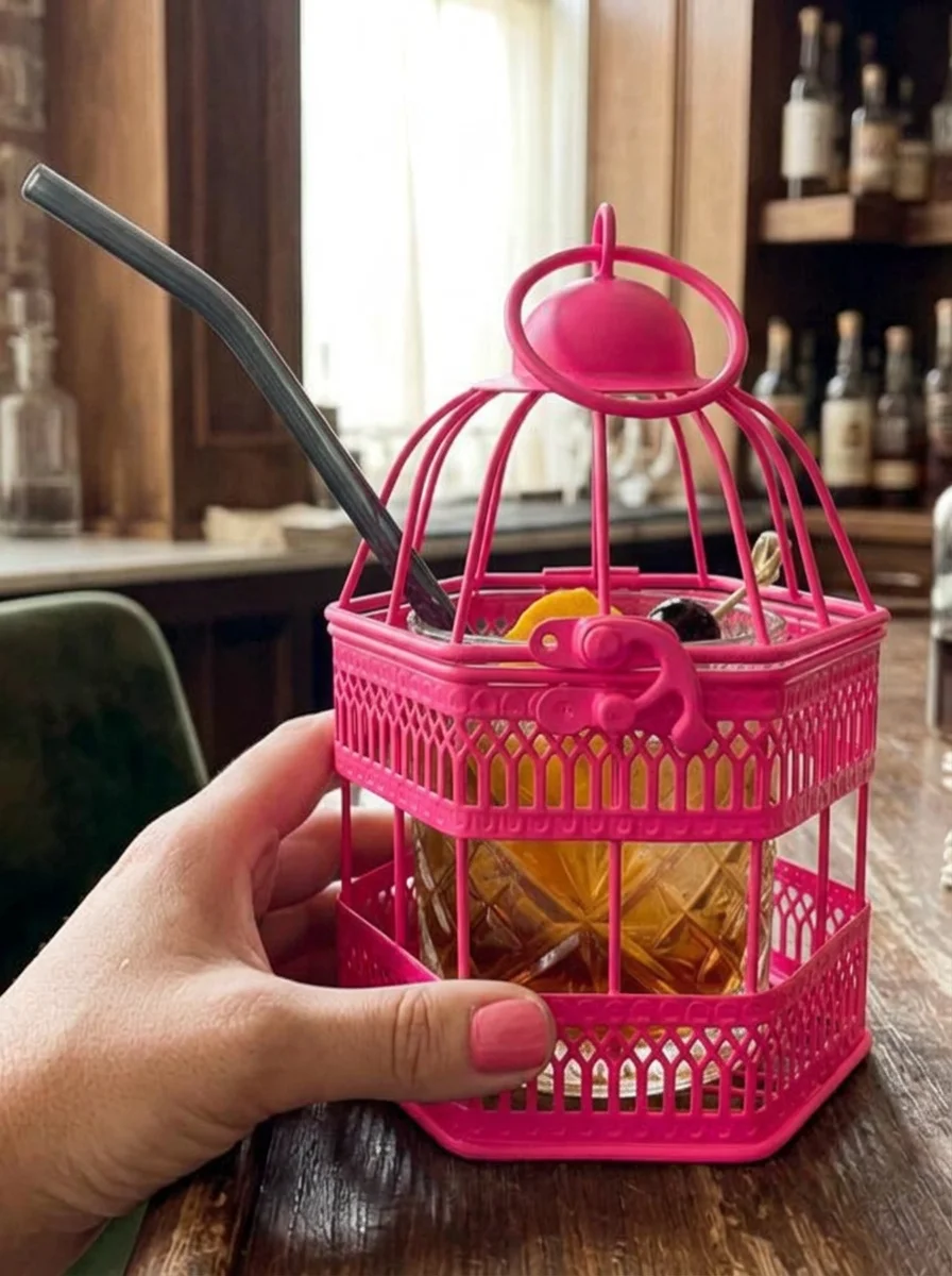 Fluro pink mini birdcage with cut glass cocktail glass inside being held in a hand for scale