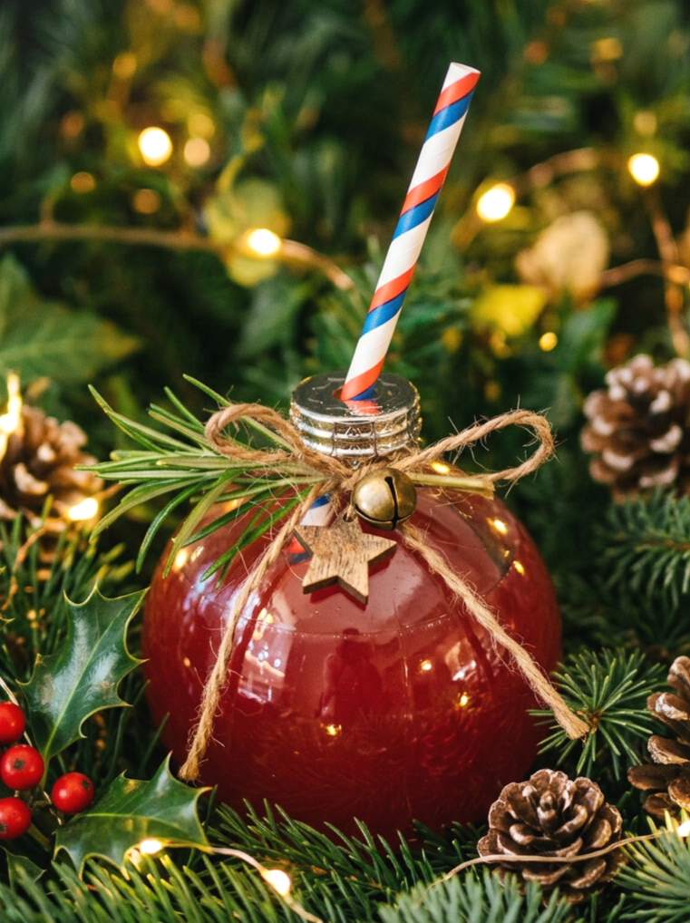Christmas bauble cocktail glass serving a deep red cocktail with twine garnish and sprice, ivy, pine cones and holly decoration