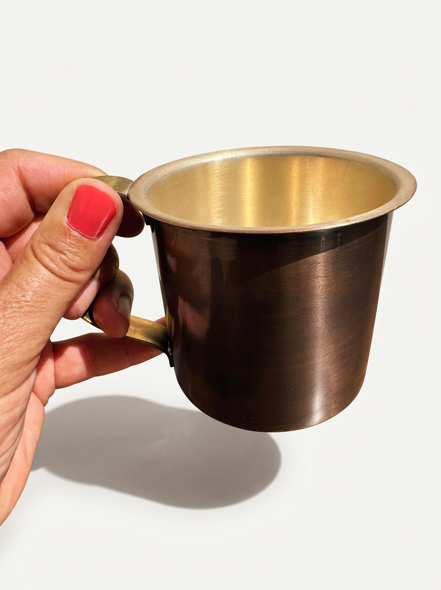 Blackend copper mule cocktail mug shown empty on a white back ground being held in a hand
