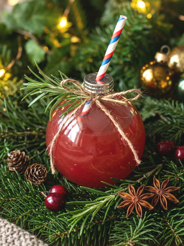 Christmas bauble cocktail glass serving a deep red cocktail with twine garnish and sprice, ivy, pine cones and holly decoration