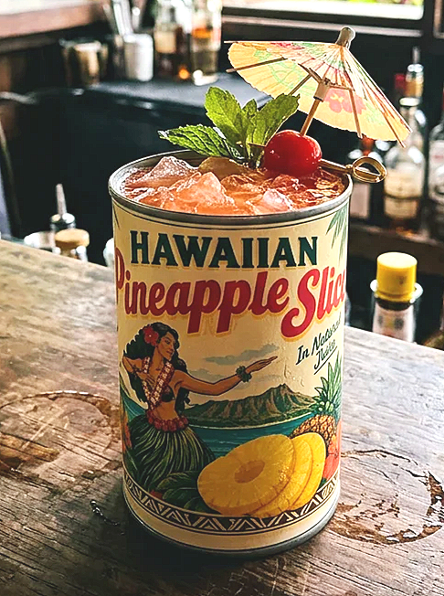 Tropical punch served in vintage pineapple tin can cocktail cup at a tiki bar